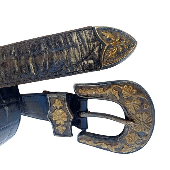 Vintage Western Belt S M Streets Ahead Leather Brass Buckle USA Unisex Chunky - Picture 11 of 14